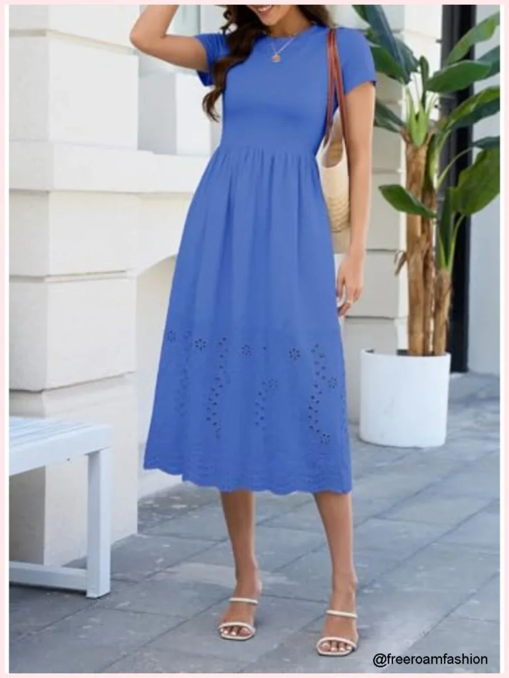 Women's Casual Short Sleeve Cotton A-Line Eyelet Maxi Dress with Pockets